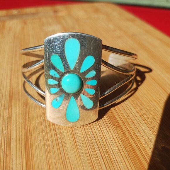 Jay King DTR mine finds large turquoise inlay cuff bracelet 925 Sterling Silver - Picture 6 of 14